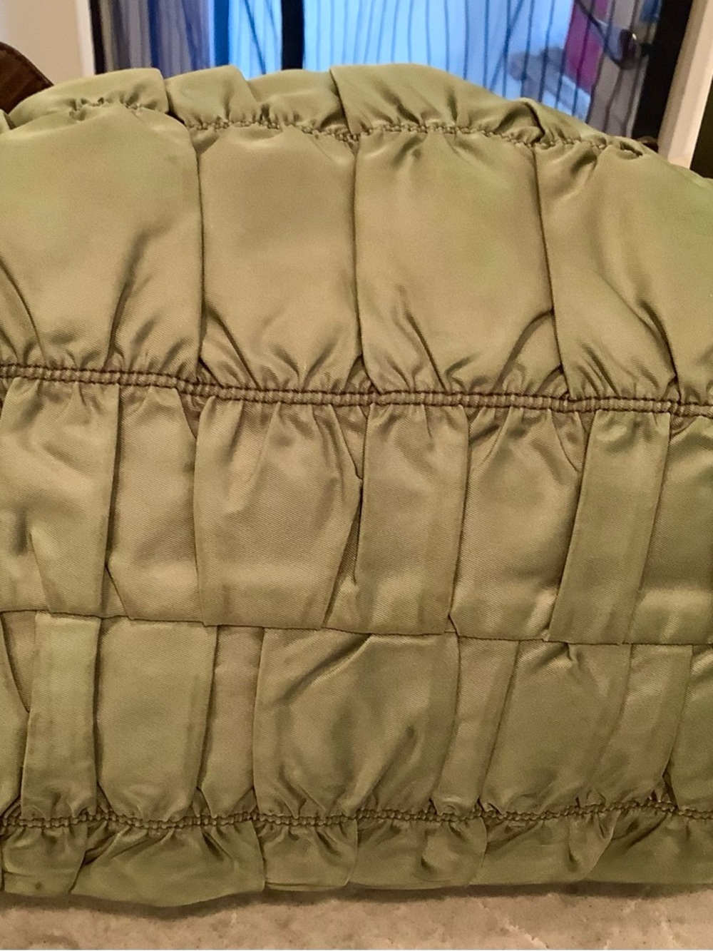 Prada Gaufre Olive Green Nylon Tote w/ Brown Leather Trim. PreLoved w/ sling - Picture 7 of 15